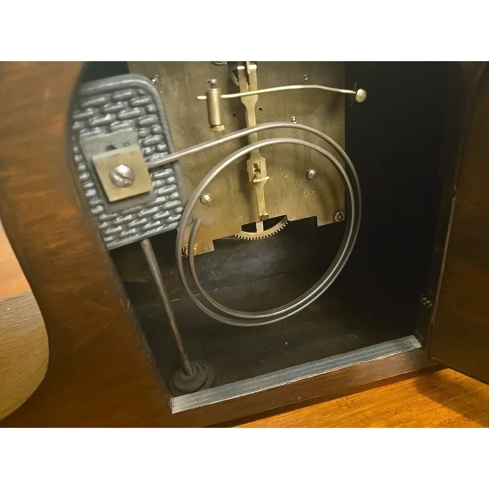 ANTIQUE NAPOLEON HAT CHIMING MANTEL CLOCK  OAK CASE